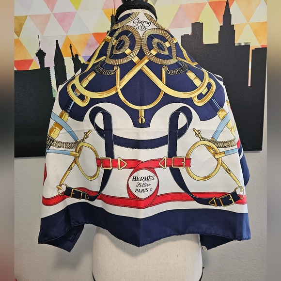 Hermès Paris Eperon d’Or 90-100% Silk Scarf | Blue, Red & Gold | 35" x 35" - Picture 1 of 13